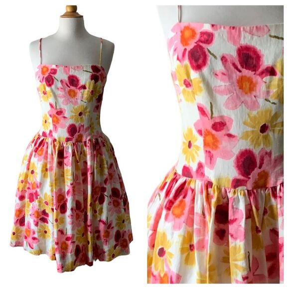 NOS Vintage Tracy & Michael Floral Drop Waist Linen Sleeveless Dress- Size 8 - Picture 1 of 8